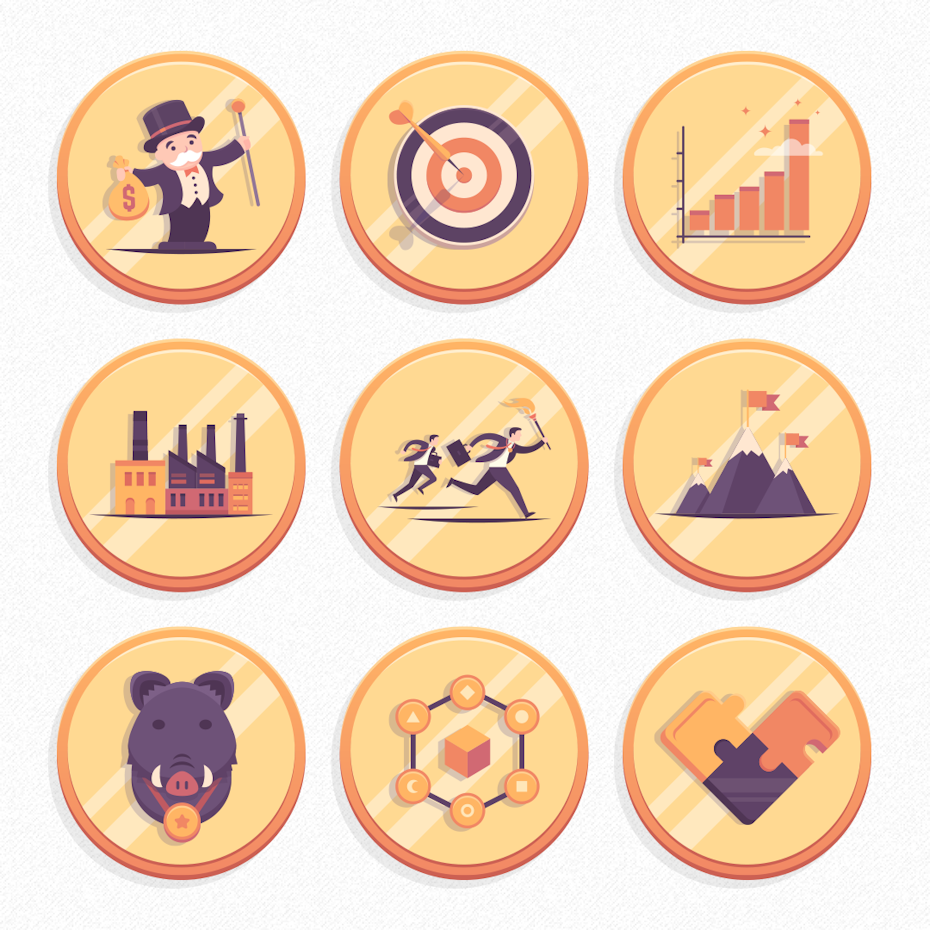 Graphic design trends 2020 example: Illustrated coin-style icons for a game