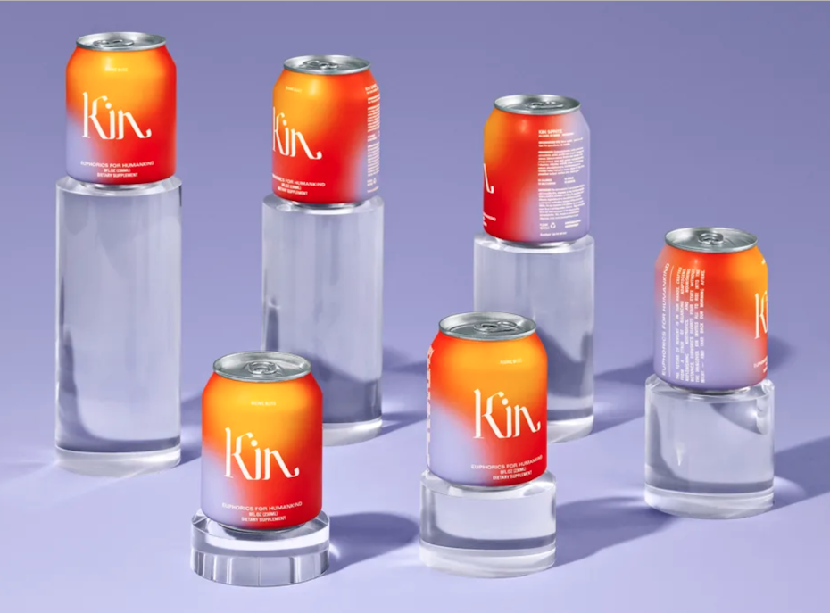 Packaging design trends 2020 example: Kin Euphorics can designs with multicolored spotted gradients
