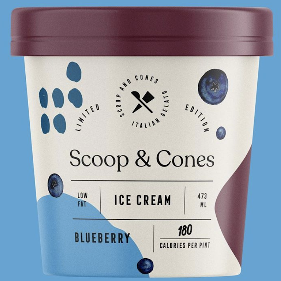 Packaging design trends 2020 example: Scoops an Cones ice cream packaging with structured layout