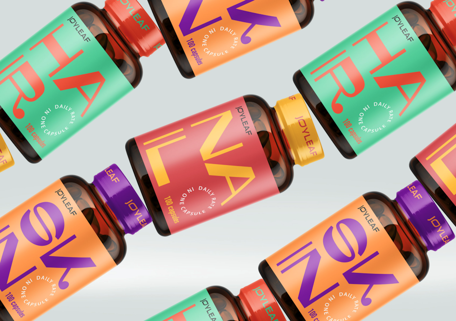 name-focussed packaging design trend: colorful supplement packaging design with bold letters