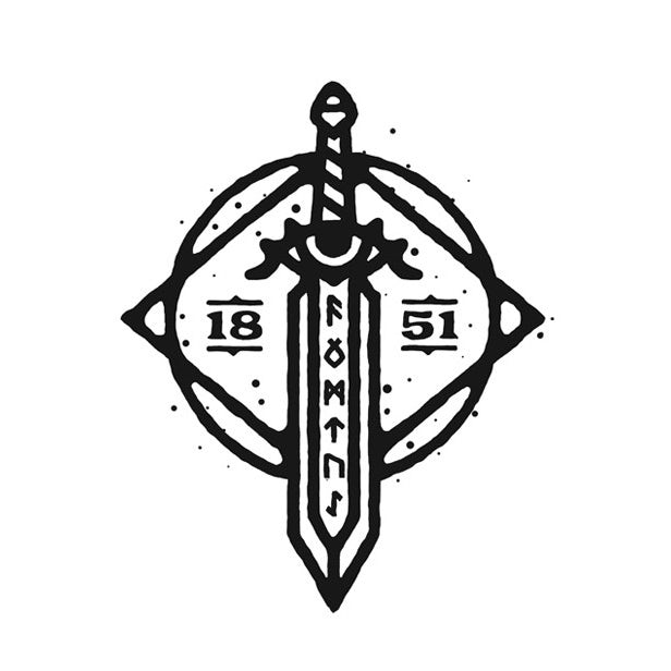 Round logo showing a sword, runes and an eye