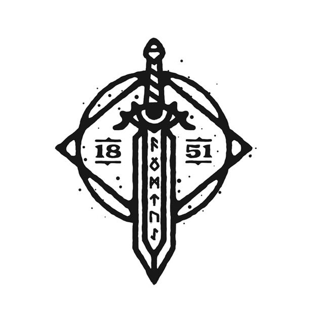 Round logo showing a sword, runes and an eye