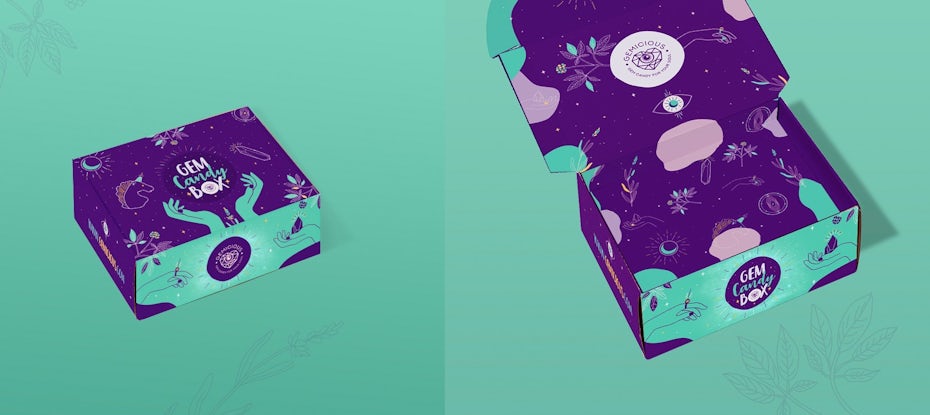 Green and purple oversaturated patterned packaging design