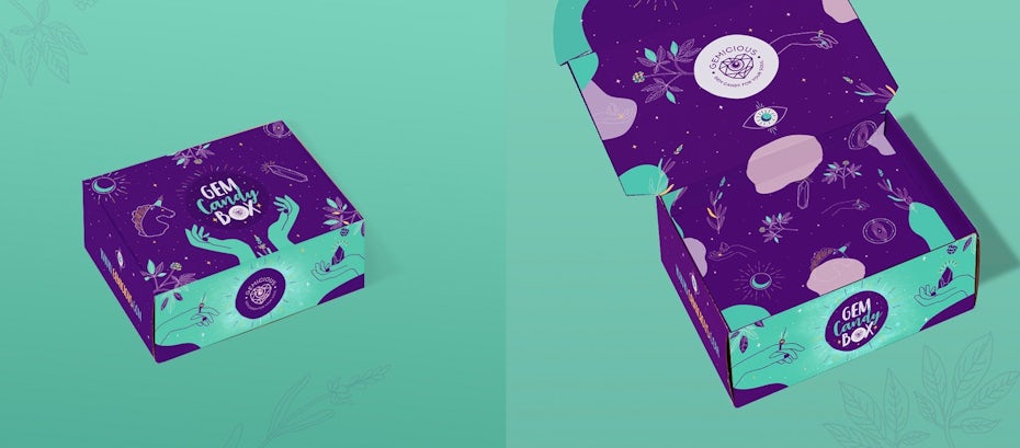 Green and purple oversaturated patterned packaging design