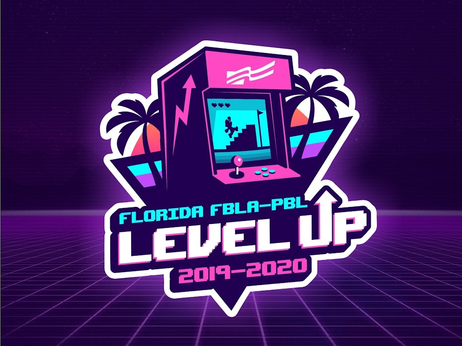Logo design trends example: Image of an arcade cabinet in neon pink, neon blue and dark purple