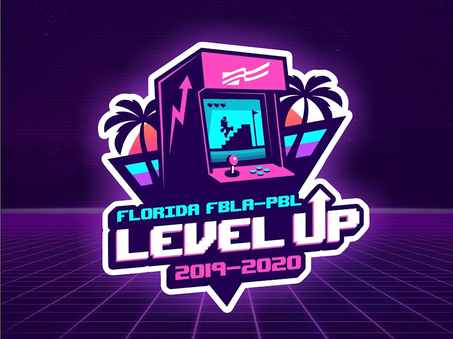 Image of an arcade cabinet in neon pink, neon blue and dark purple