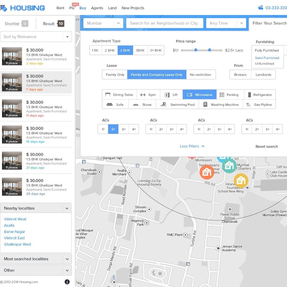 Map-focused website design with individual home listings in the sidebar