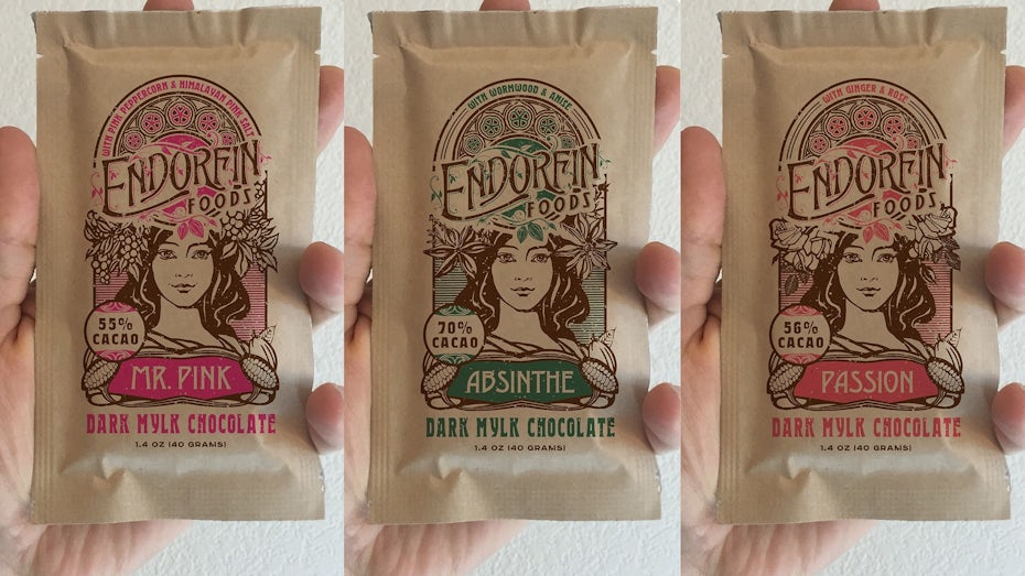 Packaging design trends 2020 example: Art Nouveau Inspired Kraft Pouches for Organic Chocolate Bars
