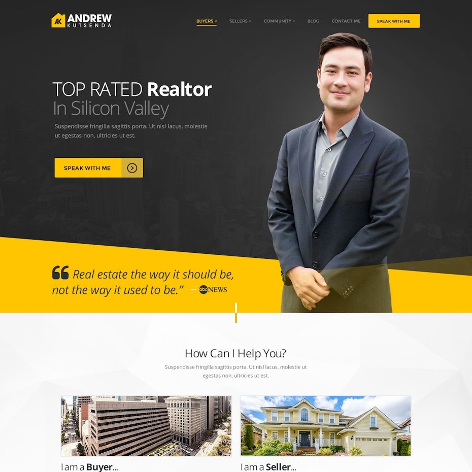 Gray and yellow website with a man standing