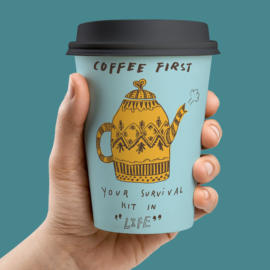 Graphic design trends 2020 example: messy handdrawn font on a paper cup design