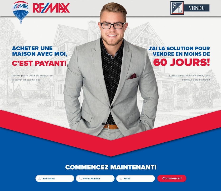 Trang web màu đỏ, xanh lam và xám với một người đàn ông đứng ở giữa trang chủ