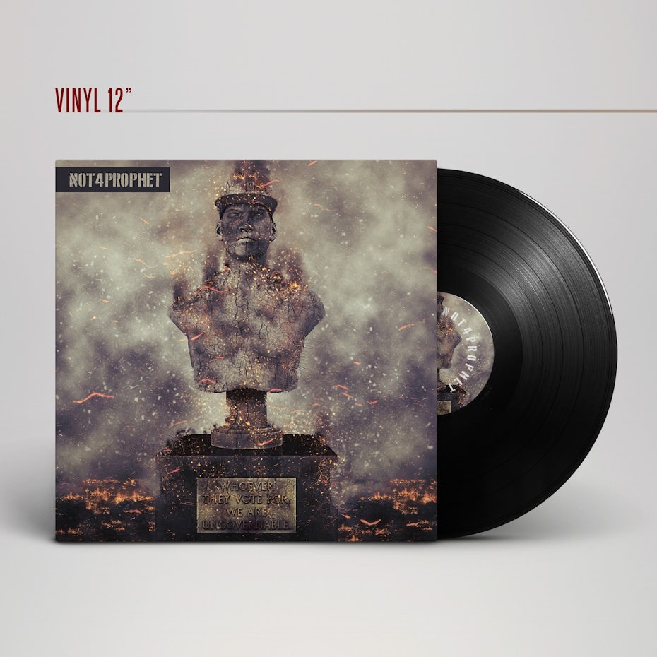 Ejemplo de tendencias de diseño gráfico 2020: portada del álbum distópico con estatua en cenizas