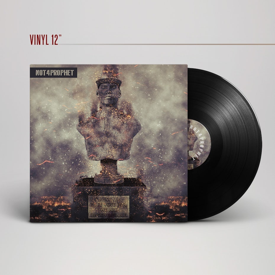 dystopian album cover with statue in ashes