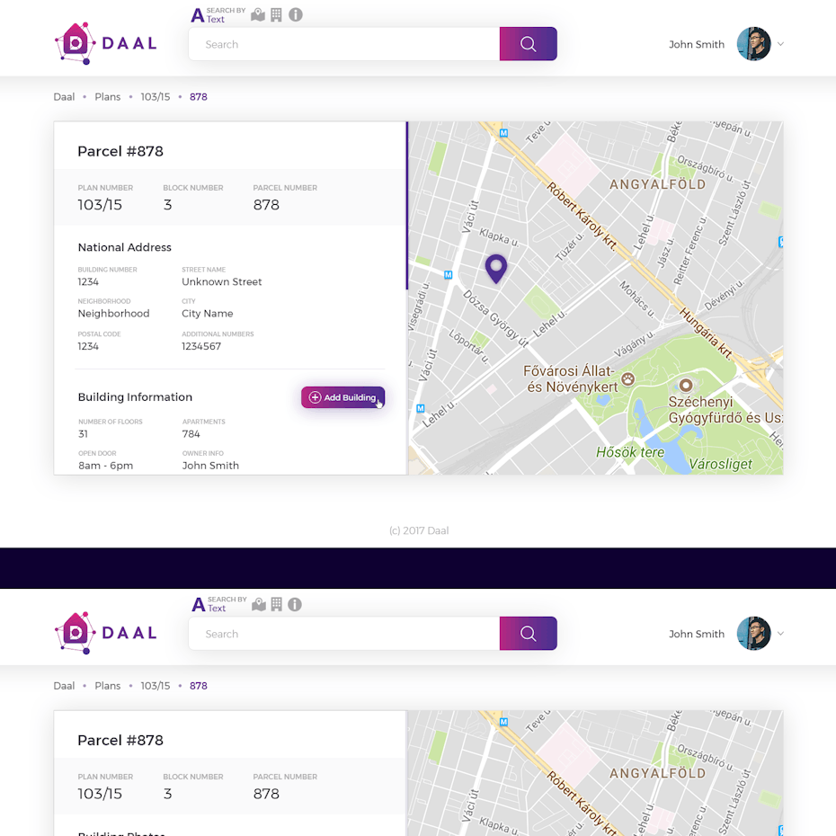White and purple website with a prominent map