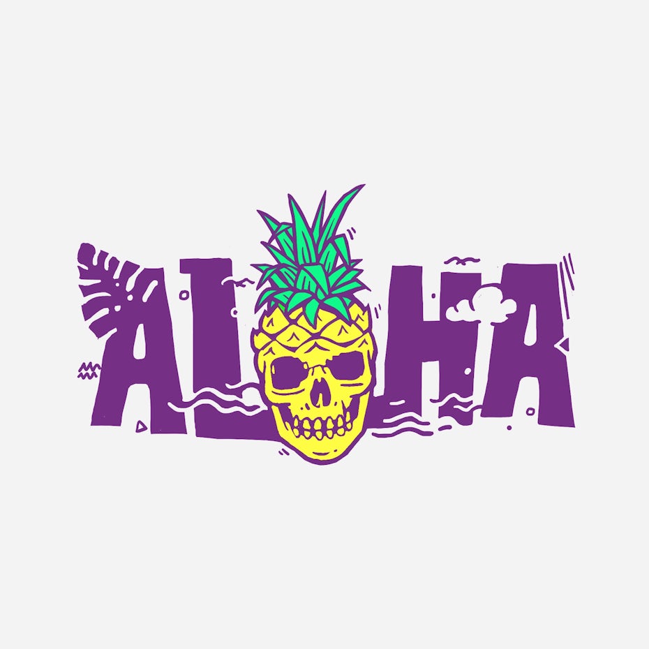 Graphic design trends 2020 example: logo with illustrative font and pineapple and skull illustration
