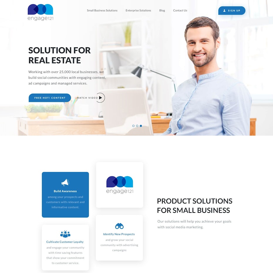White and blue website design with an image of a smiling man with a laptop