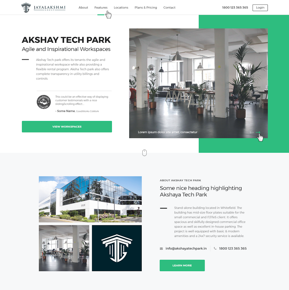 Green and white website showing commercial spaces