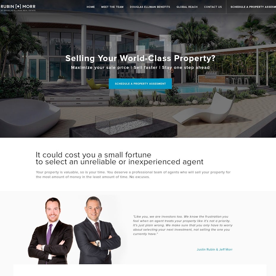 Gray-tinted website with a large image of a home with a pool followed by an image of two men