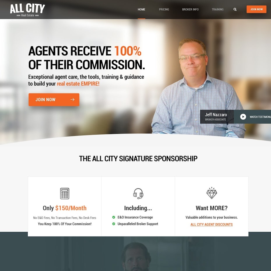 Gray and orange website with an image of a man