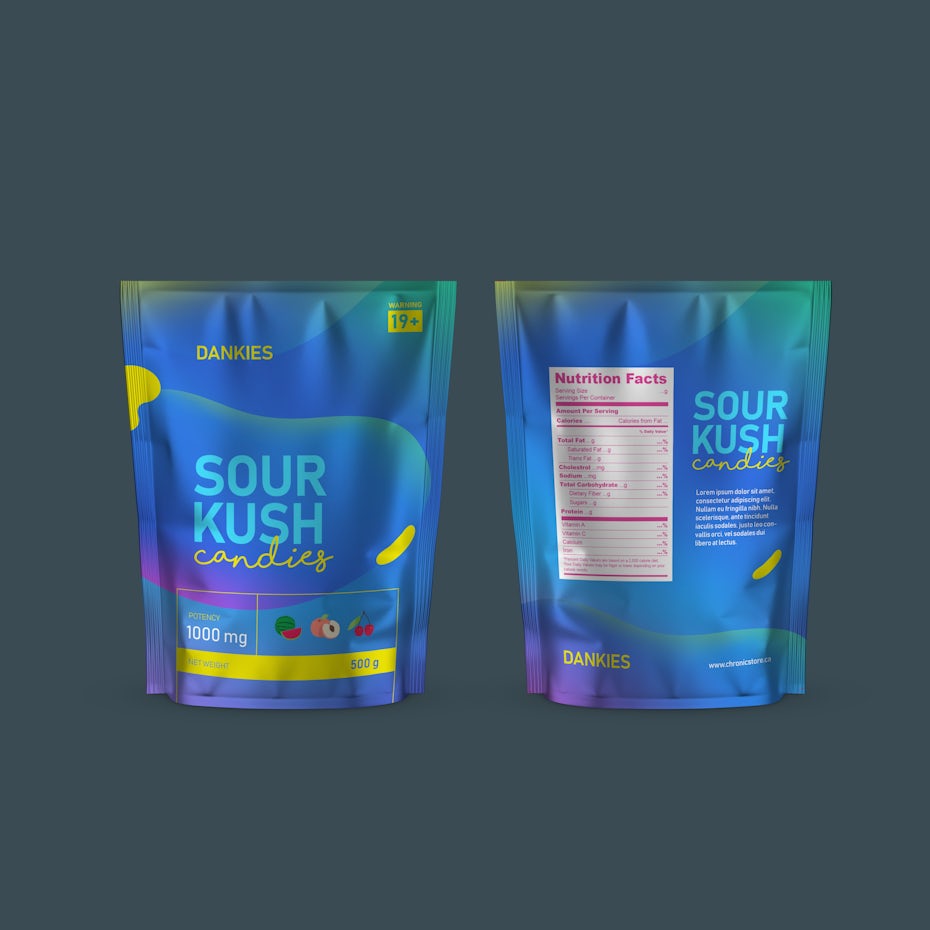 Graphic design trends 2020 example: Abstract, brightly colored cannabis packaging design