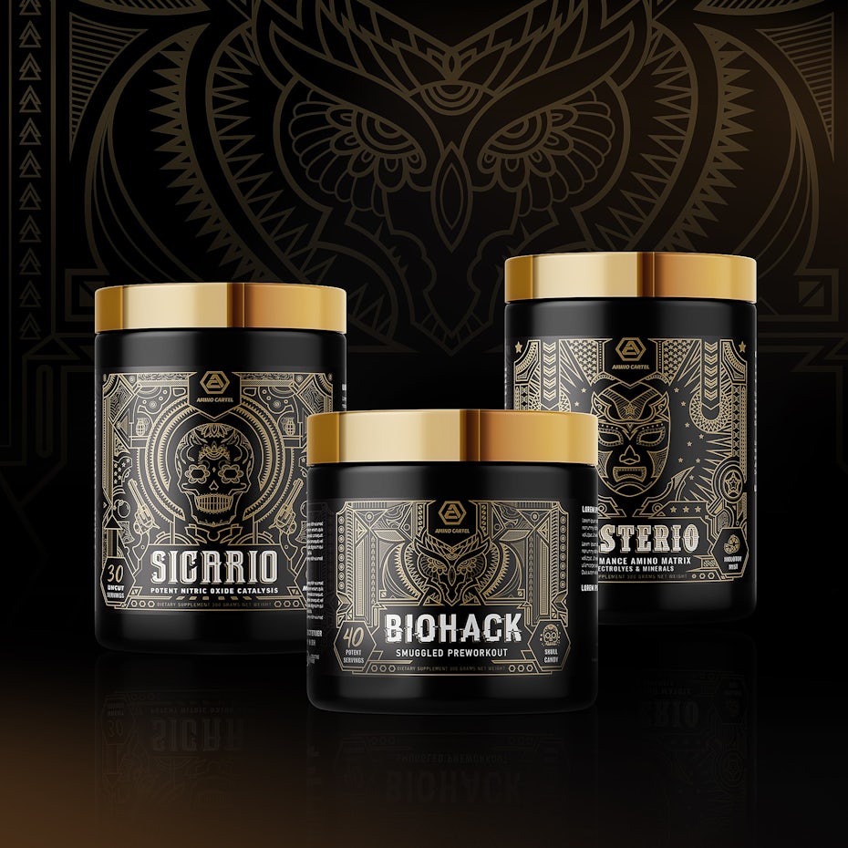 symmetry packaging design trend: black and gold line art packaging