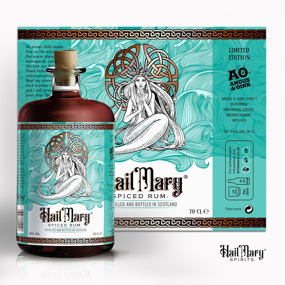 Graphic design trends 2020 example: Teal label design with a mermaid illustration and celtic symbol
