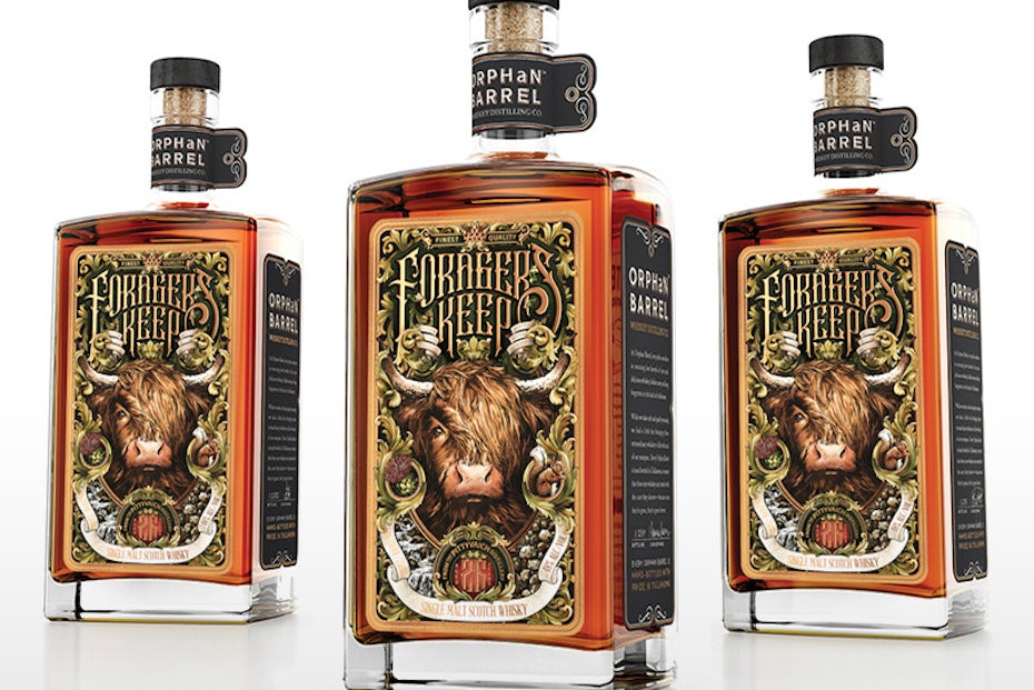 Packaging design trends 2020 example: maximalist Forager's Keep by Orphan Barrel Whiskey Co. label