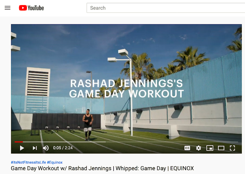Digital marketing trend 2020 example: Screenshot of a YouTube vlog from Equinox Fitness, Game Day Workout