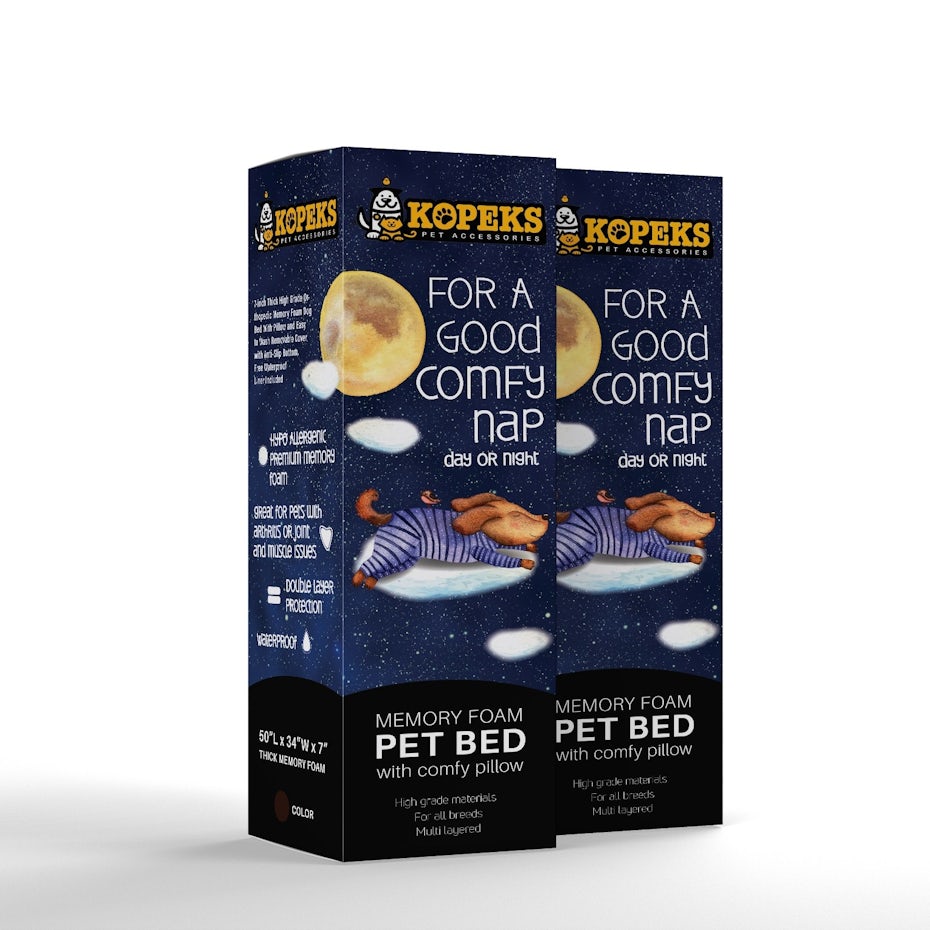 packaging with pet illustration of a dog napping