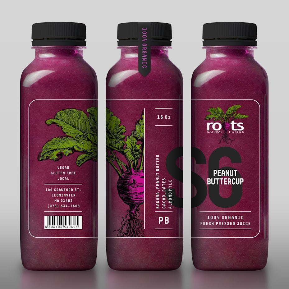 Packaging design trends 2020 example: transparent bottle design with beetroot illustration