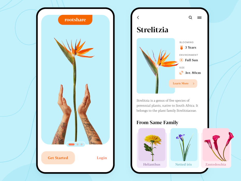gardening app showing bright images of plants and human hands