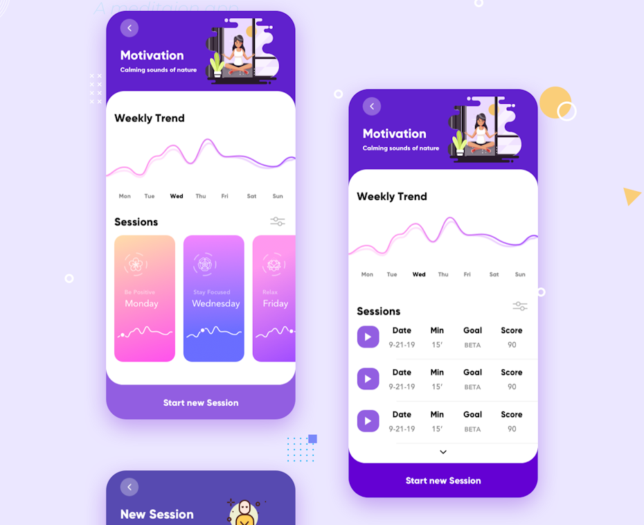 primarily purple meditation app with pink gradient session blocks