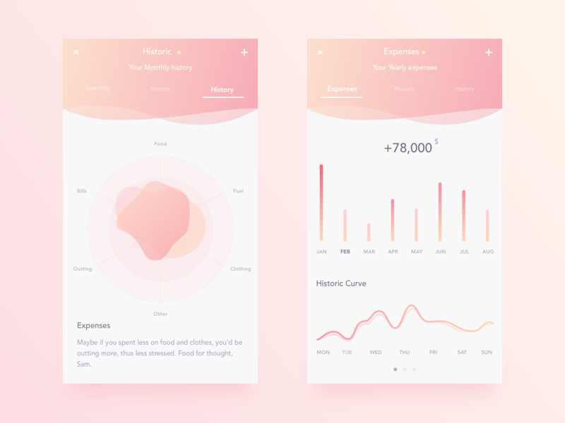 white and pink finance app interface