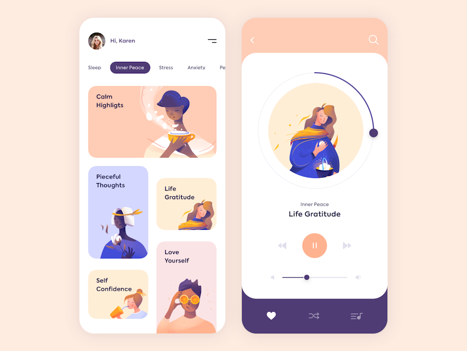 mindfulness app with soft-colored images of women engaged in various mindful exercises