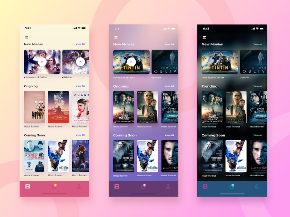 multiple screen color options for a movie app