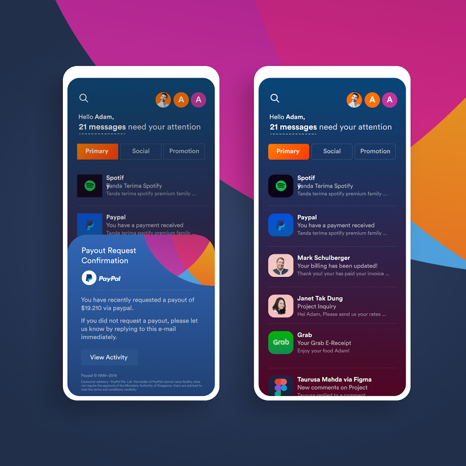 Color trends 2020 example: dark mode Email app design