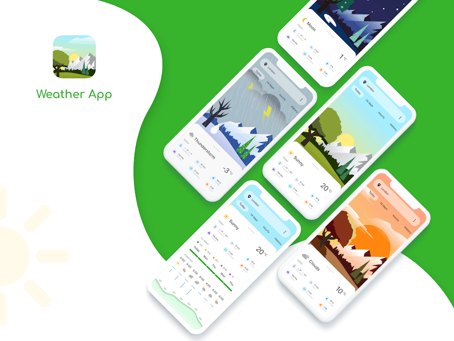colorful weather app with semi-flat pictures of various weather conditions