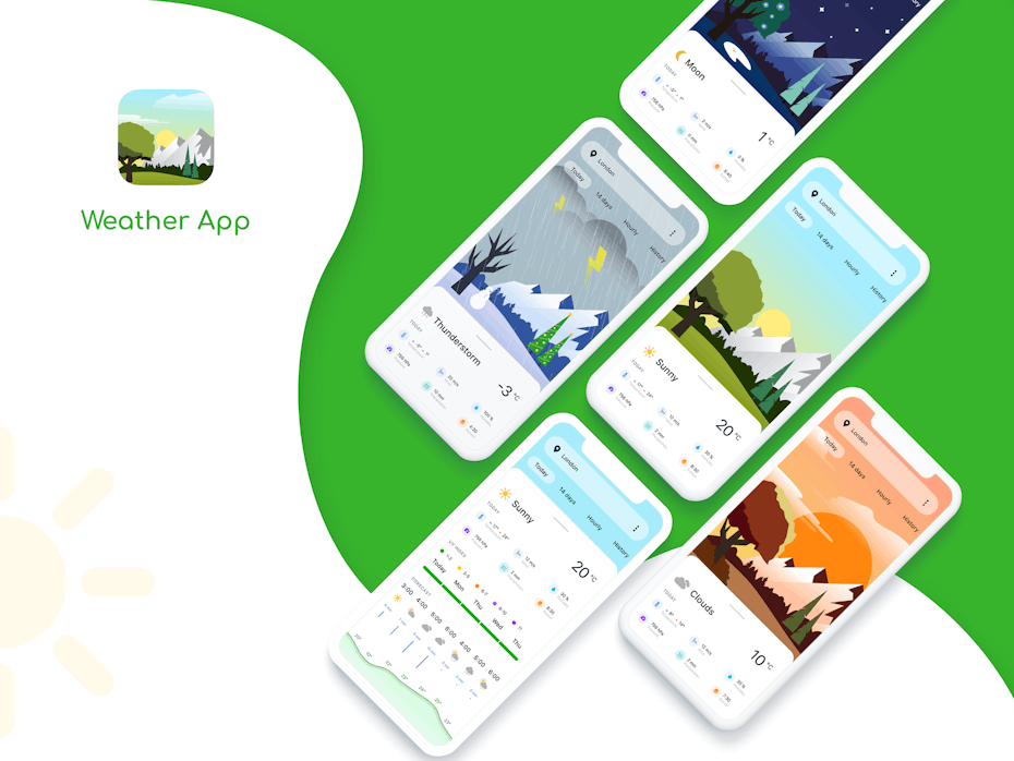 colorful weather app with semi-flat pictures of various weather conditions