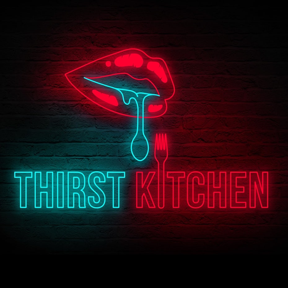 Color trends 2020 example: glowing neon Thirst Kitchen logo