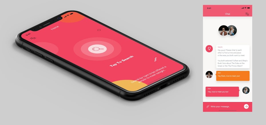 hot pink dating app interface with orange circles and white squiggles