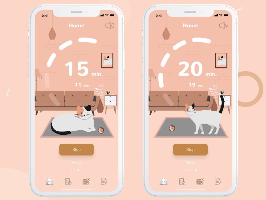 pastel-colored meditation app showing images of cats in indoor scenes