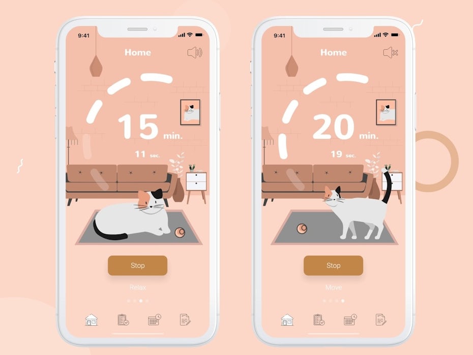pastel-colored meditation app showing images of cats in indoor scenes