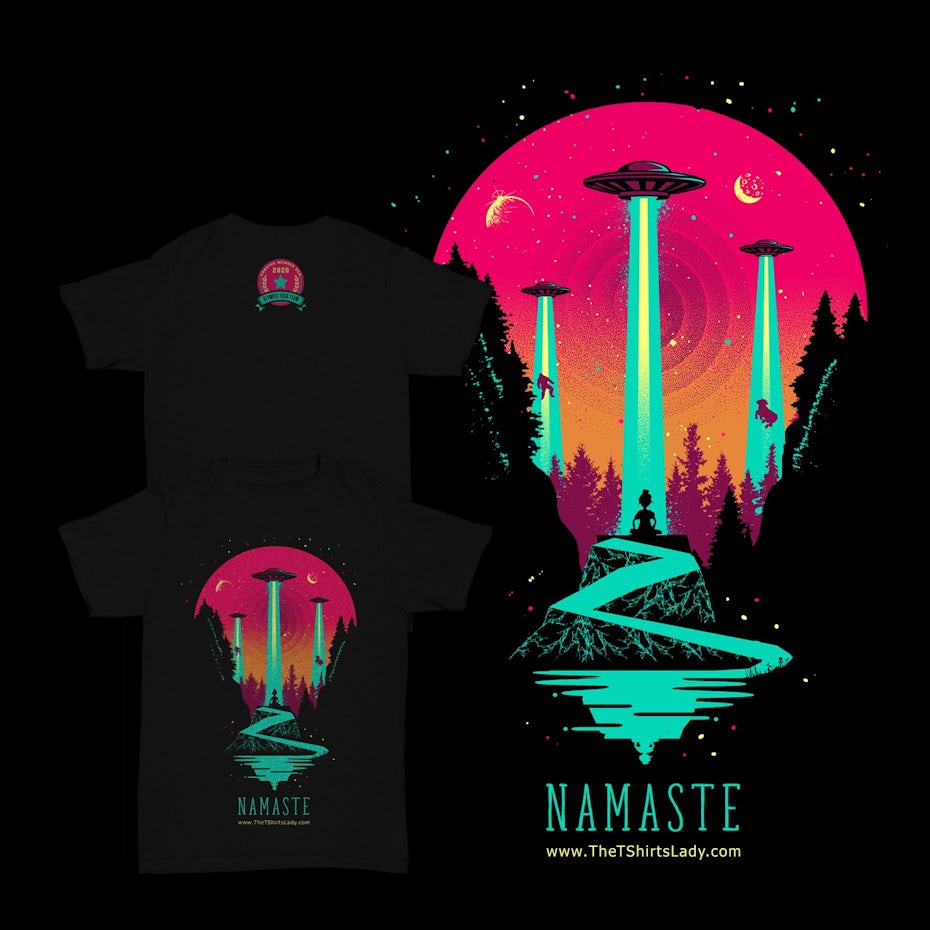 Color trends 2020 example: futuristic color Namaste T-shirt design