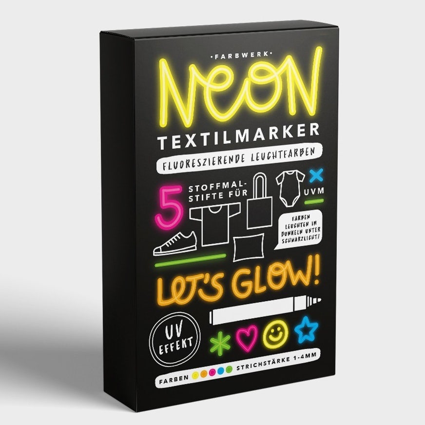 Color trends 2020 example: glowing neon fabric markers packaging design