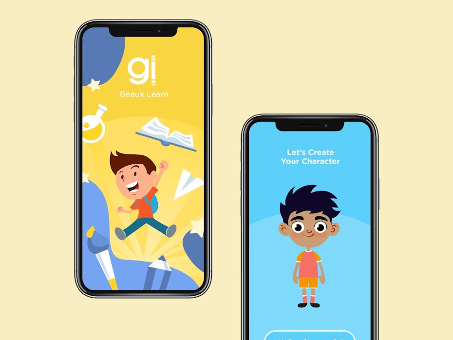 screens from a kids app showing various characters and objects