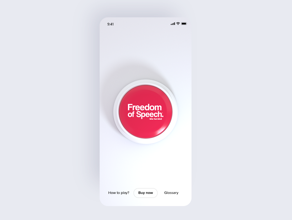 round, three-dimensional pink button displaying the words “freedom of speech”