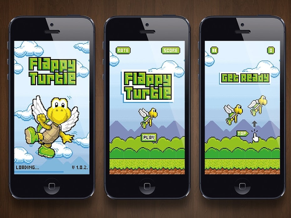 tendencia de diseño de aplicaciones: juego pixelado con una tortuga con alas