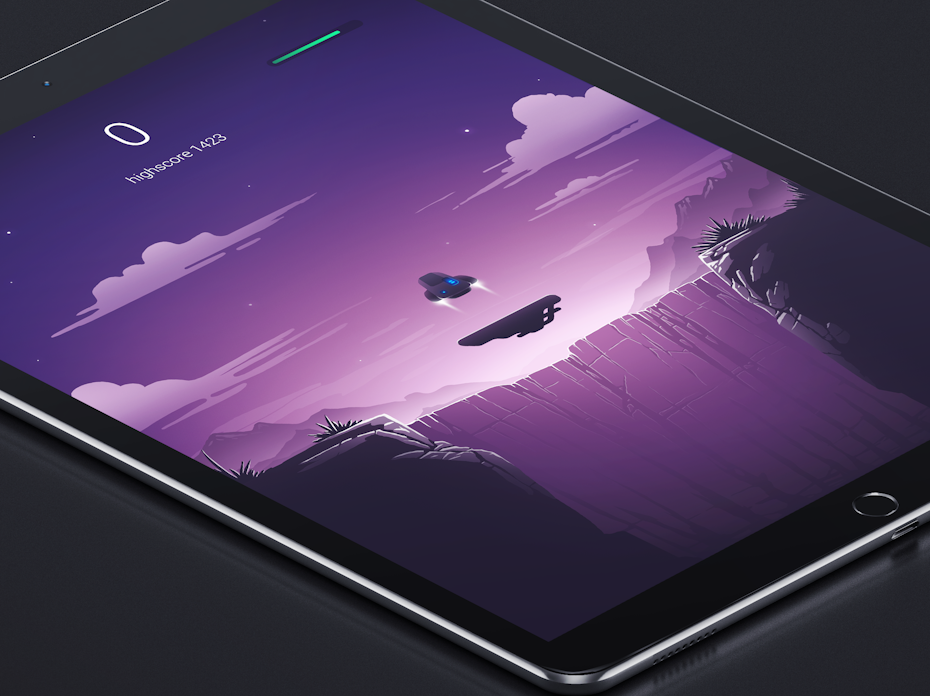 Principalmente pantalla púrpura que muestra un platillo volador flotando sobre un cañón