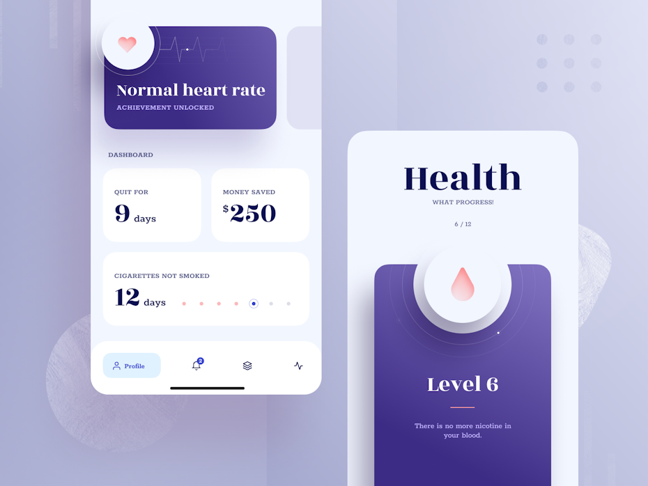 purple and white health app tracking a user’s journey to quitting smoking