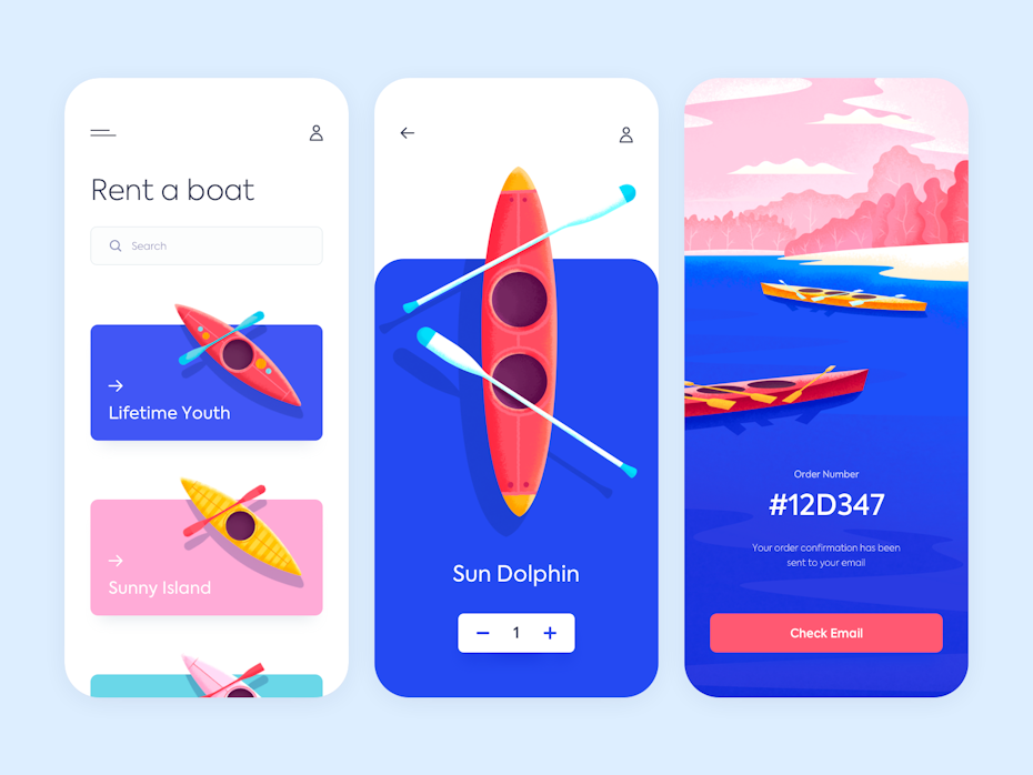 animated boat rental app design with bright-colored images of kayaks